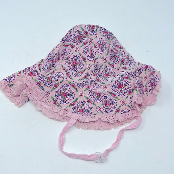Reversible Pink Floral Pink Eyelet Wide Brim Sun Hat Baby Girl  Size 12 Months - Picture 1 of 7